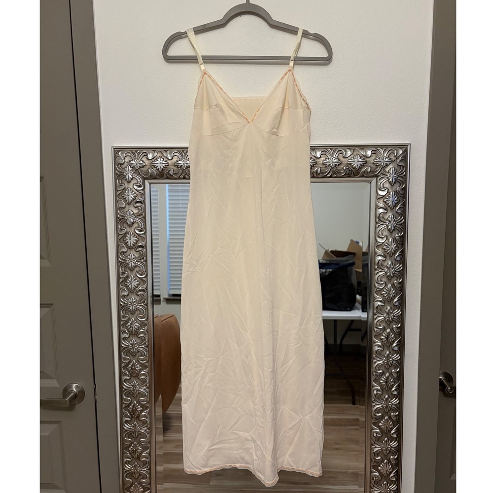 Vintage Lorraine Cream Full Slip Peach Lace Trim Midi Nightgown Size Sf5